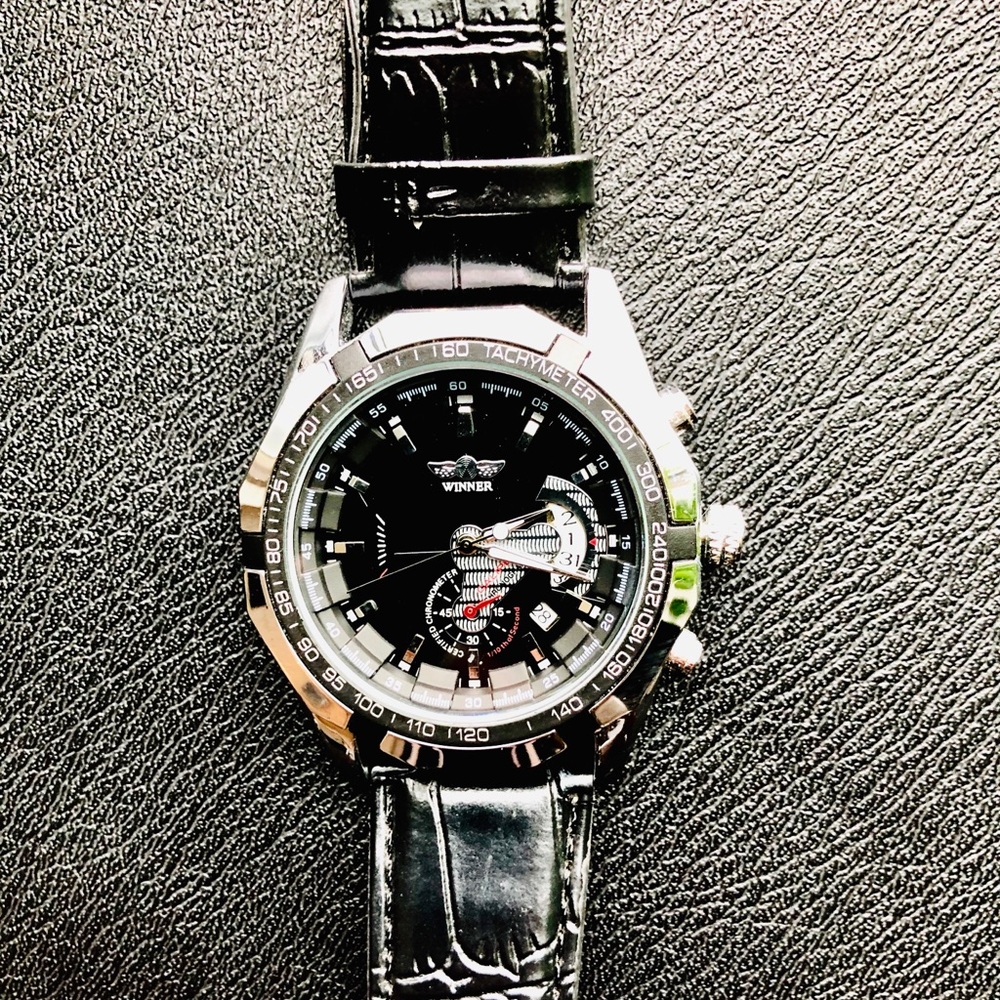 Winner Tm340 Tachymeter Black Leather Watch Gem